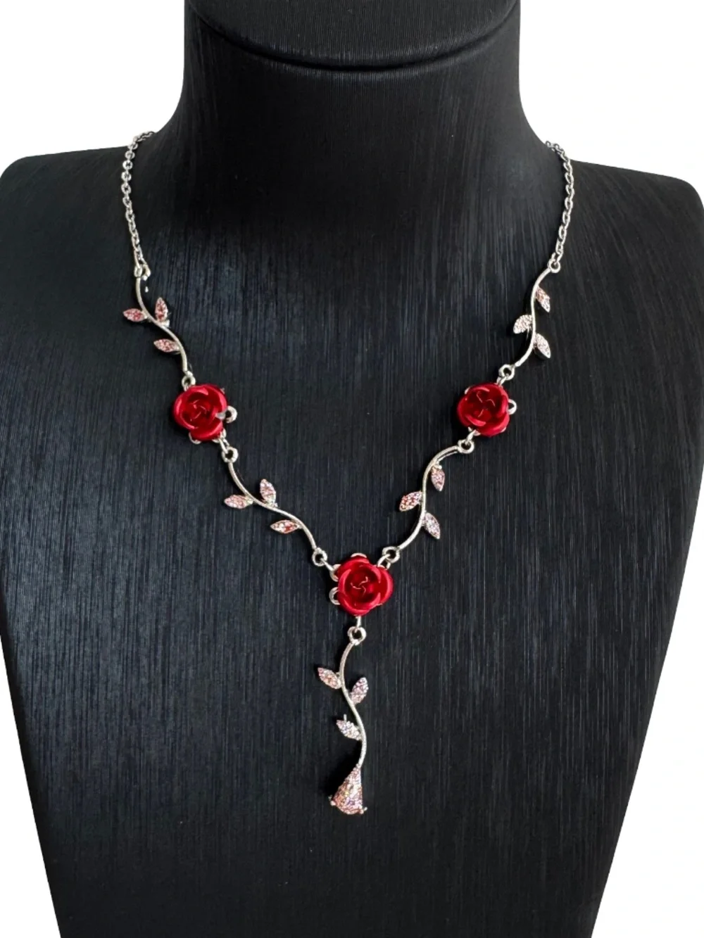 Vintage Red Rose Enamel Necklace Y Drop Crystal Leaf Silver Tone Floral 15